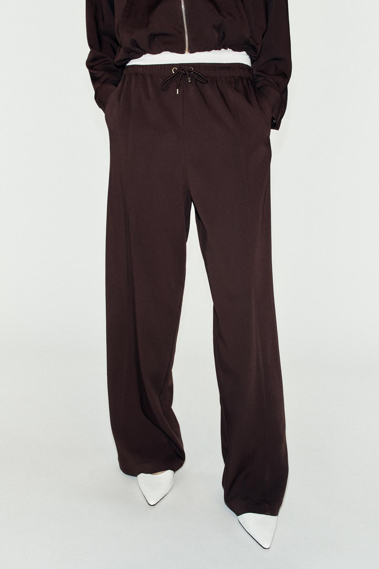 WIDE-LEG ELASTIC WAIST PANTS — Brown