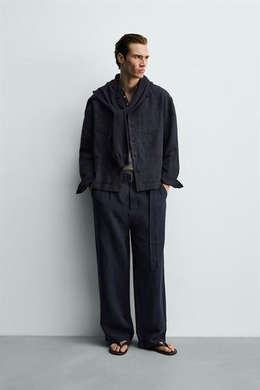 RELAXED FIT 100% LINEN TROUSERS WITH BELT - Navy blue by Zara