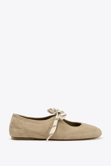 Zara SPLIT LEATHER LACE-UP BALLET FLATS - Sandy Brown