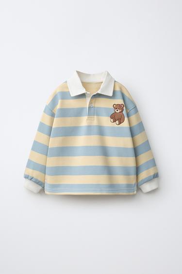 Zara 條紋刺繡小熊 POLO 衫 - 天藍色 - 圖片 0