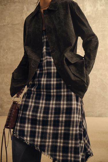 Zara 不對稱格紋洋裝 - 棕色-藍色