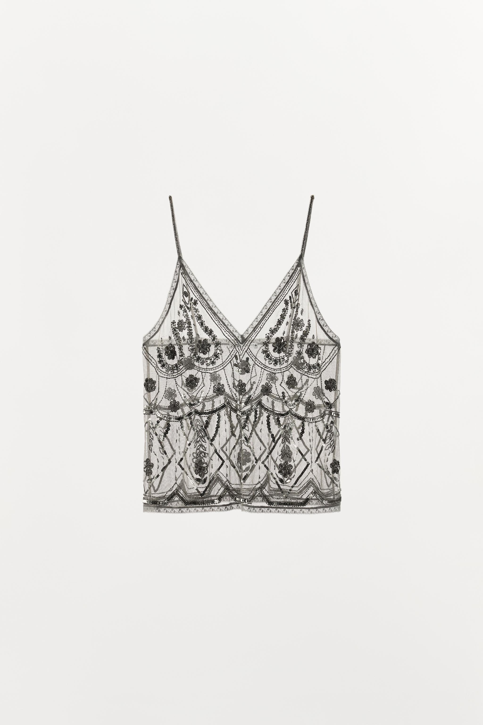 TULLE BEADED SEQUIN TOP - Silver | ZARA United States