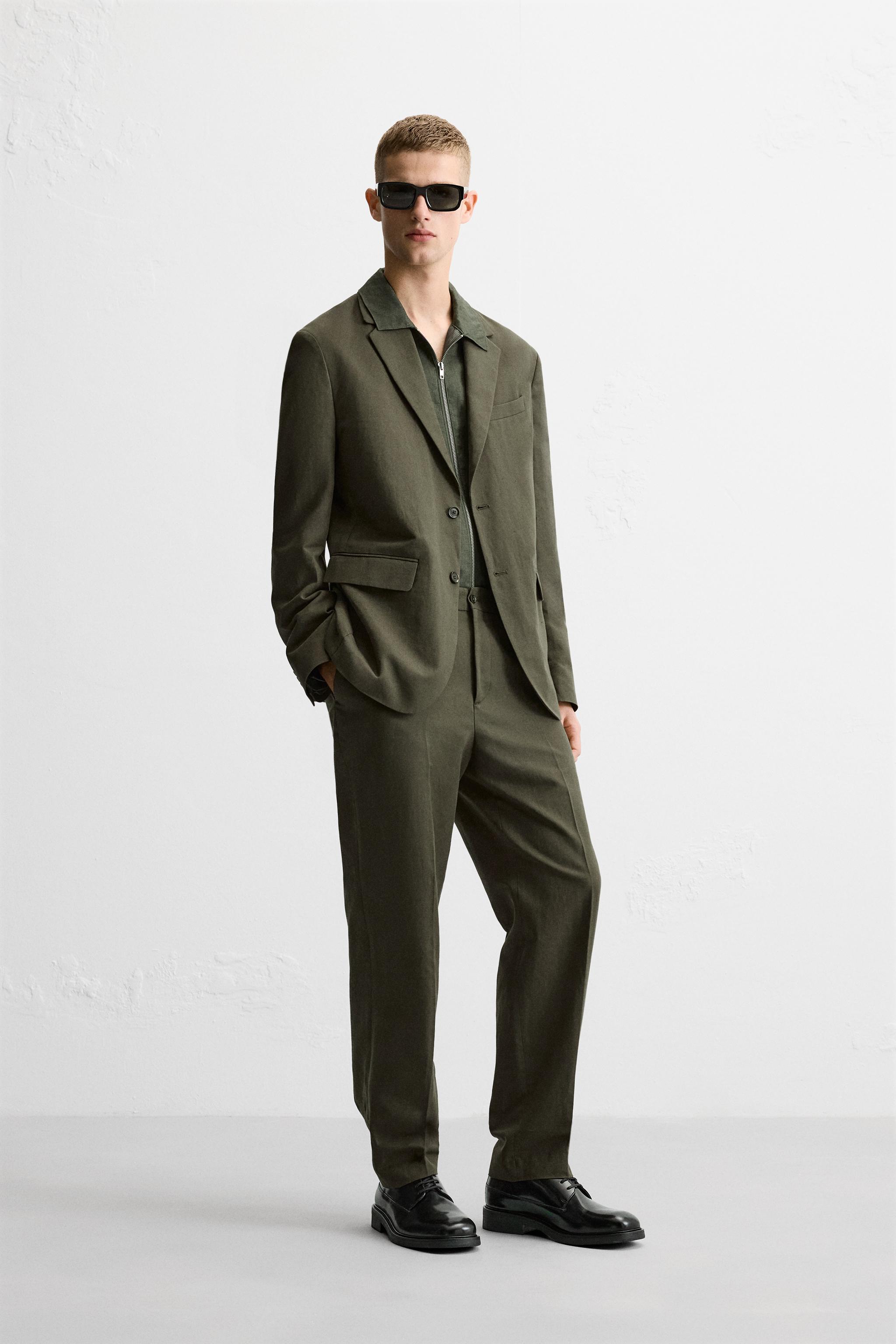 Zara Cotton Linen Suit Jacket Khaki Men