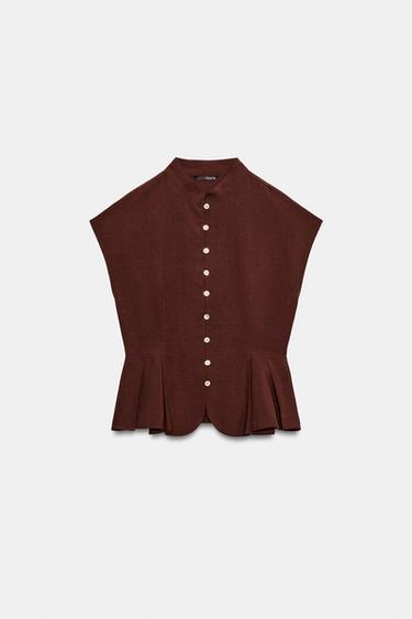 TOP PÉPLUM À PINCES - Marron clair de Zara - Image 6