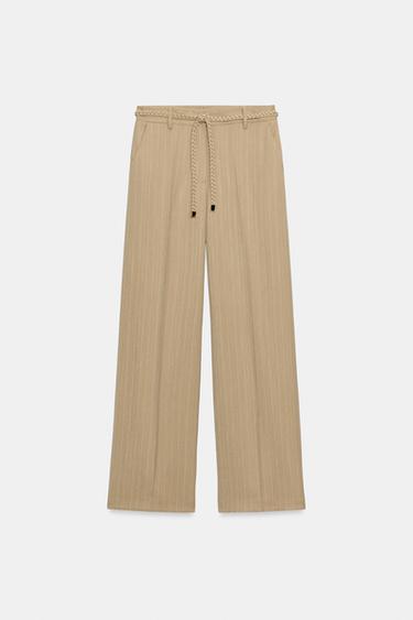 STRIPED TROUSERS WITH BELT - Dark camel by Zara - Image 0