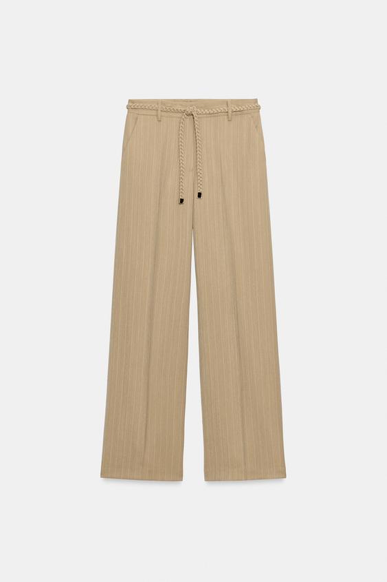 STRIPED TROUSERS WITH BELT - Dark camel by Zara - Image 0