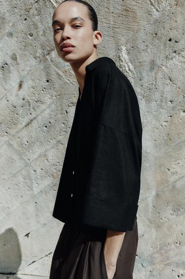 CAMISA CON LINO RAYAS - Negro de Zara - Imagen 0