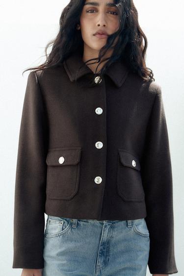 WOOL BLEND CROPPED BLAZER - Brown by Zara