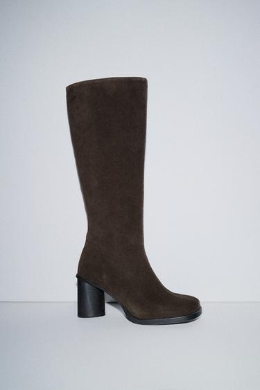 SPLIT SUEDE BOOTS WITH TOPSTITCHING - Chocolate Brown by Zara