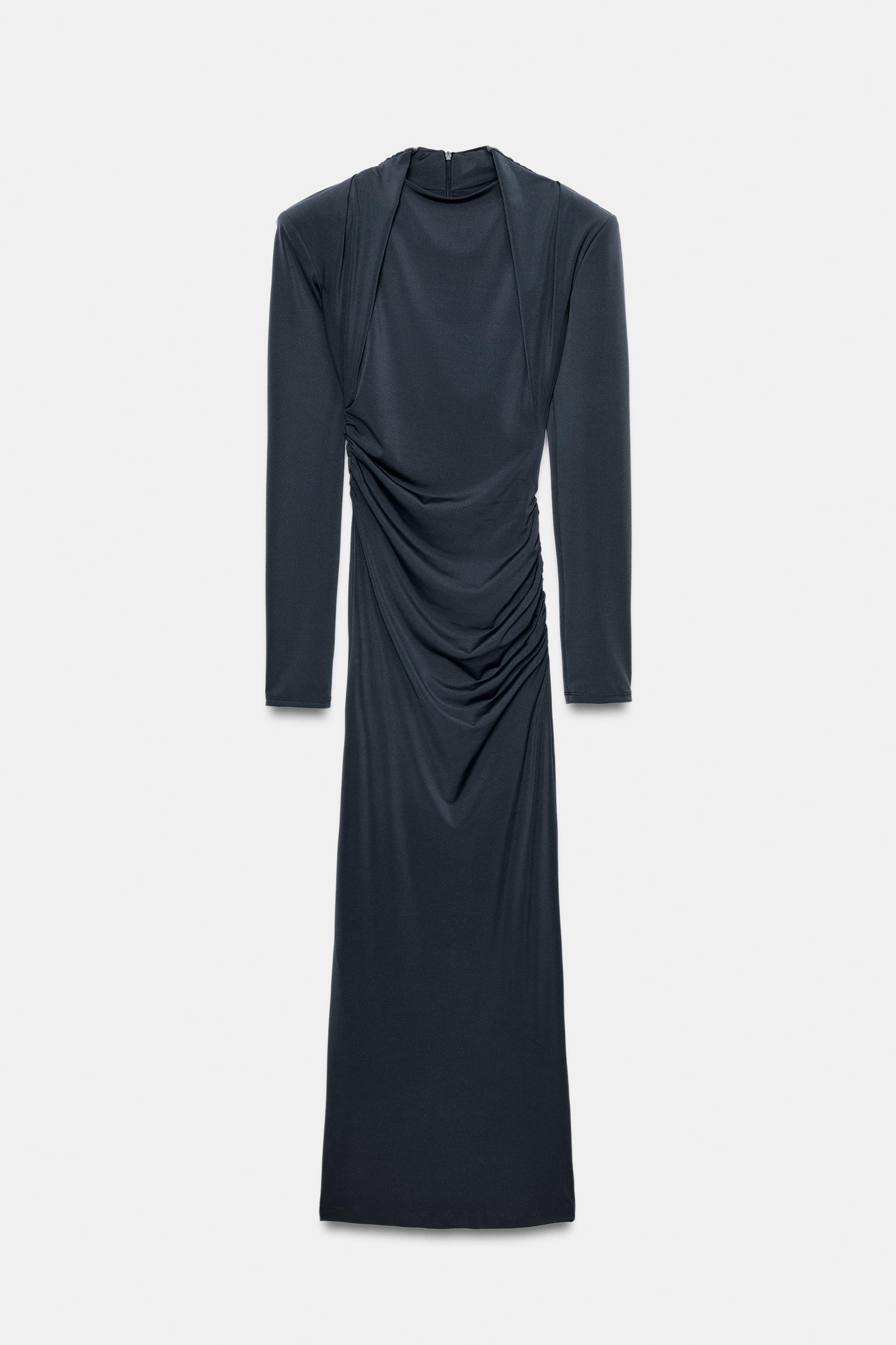 DRAPED SHOULDER PAD MIDI DRESS thumbnail 5