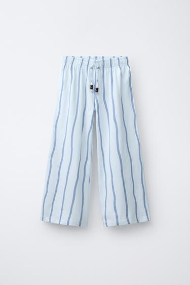 CALÇAS DE PERNA LARGA ÀS RISCAS - Azul-celeste da Zara