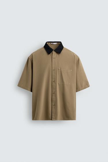 Zara RELAXED FIT CONTRAST COLLAR SHIRT - Beige