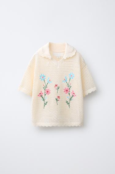 EMBROIDERED KNIT POLO SHIRT - Oyster-white by Zara