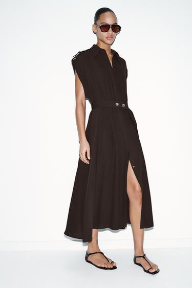 ROBE MI-LONGUE AVEC CEINTURE - Marron de Zara