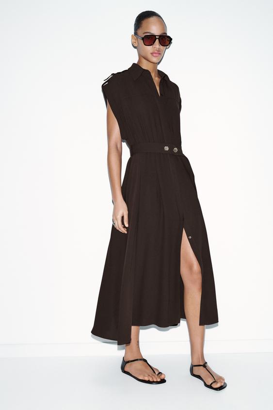 BELTED MIDI DRESS - Brown | ZARA United States BELTED MIDI DRESS - Brown | ZARA United States