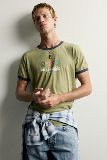 CONTRAST RIB WASHED PRINT T-SHIRT - Khaki by Zara