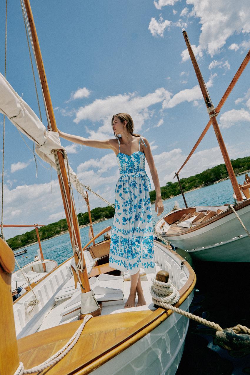 POPLIN PRINT MIDI DRESS - Blue / White | ZARA United States POPLIN PRINT MIDI DRESS - Blue / White | ZARA United States