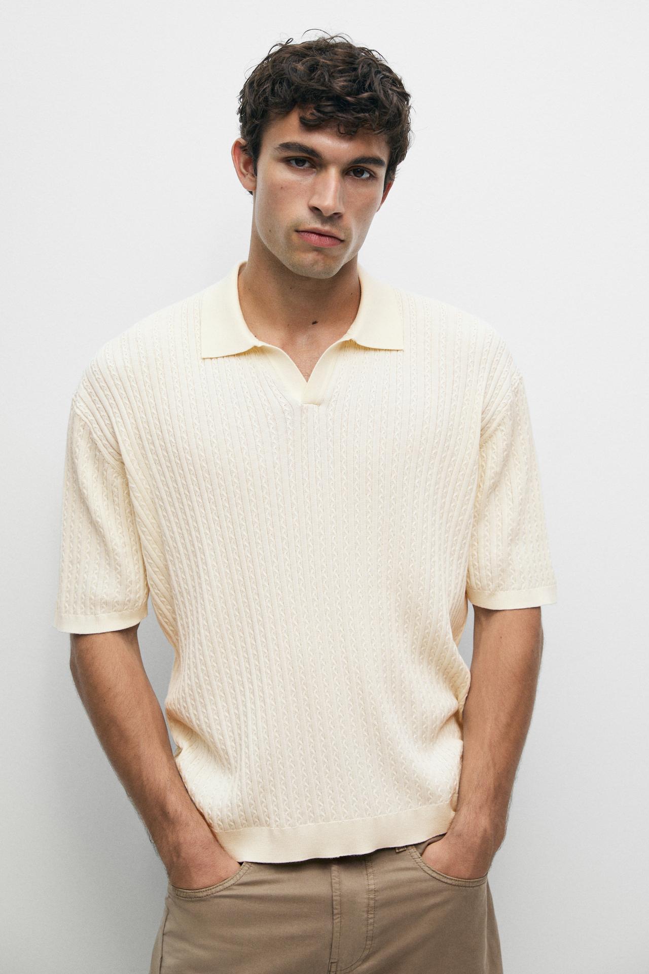 100% cotton cable-knit polo sweater — Ecru