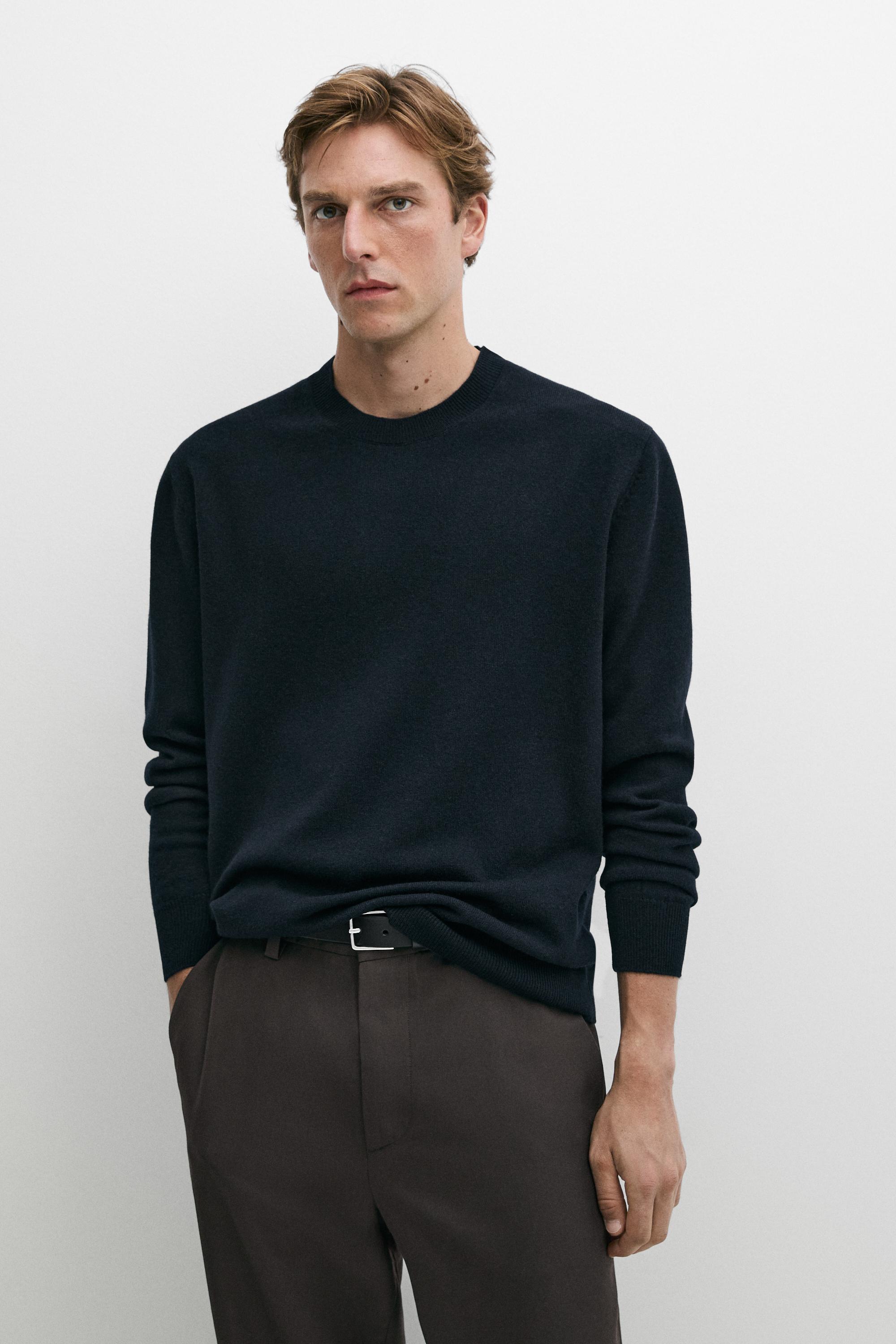 Wool blend round neck knit sweater — Navy marl