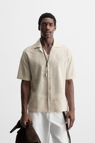 Zara OPEN WEAVE HERRINGBONE SHIRT - Light beige