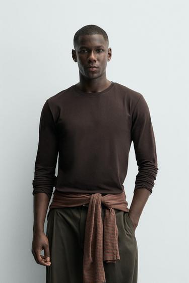 Zara BASIC SLIM FIT T-SHIRT - Brown