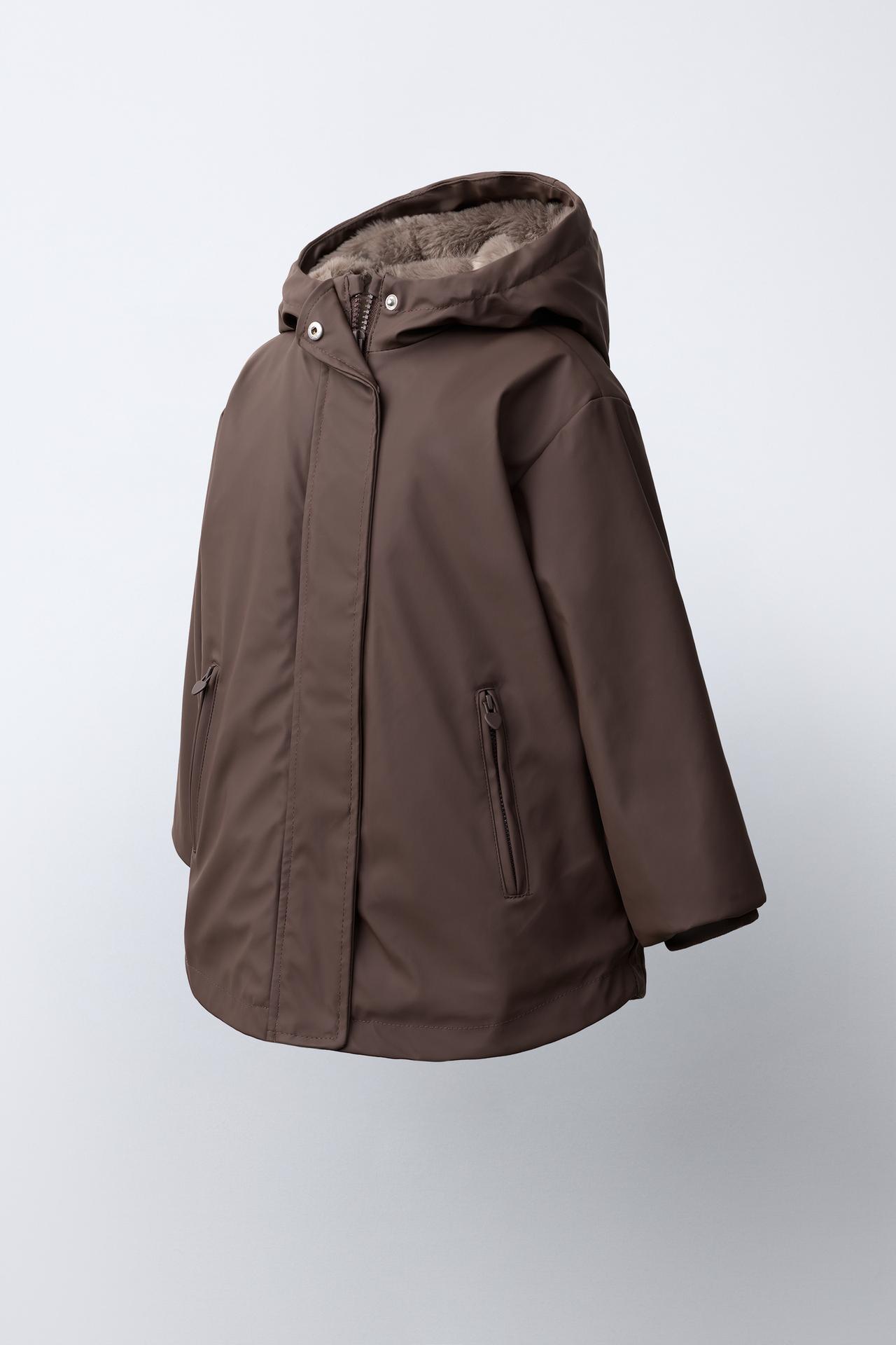 WATER-REPELLENT RUBBERIZED FAUX FUR RAINCOAT — Chocolate