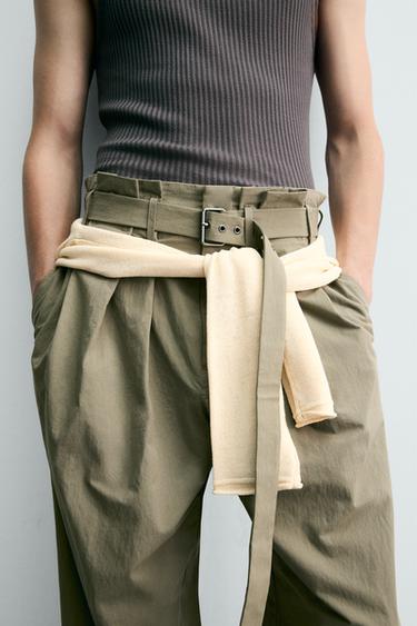 BELTED WIDE-LEG PLEATED TROUSERS - Neon green by Zara - Image 4