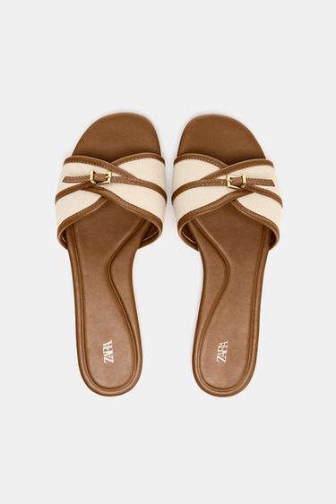 FLAT CANVAS SANDALS WITH BUCKLE - Dark tan by Zara