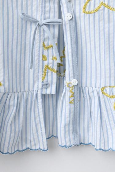STRIPED BLOUSE WITH EMBROIDERED DETAIL - White / Navy by Zara - Image 4