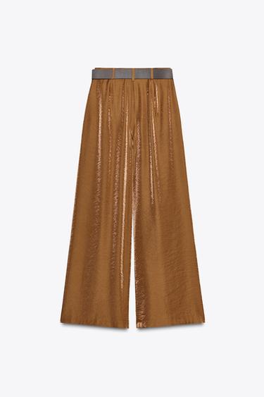 WIDE SATIN TROUSERS WITH BELT - Caramel by Zara - Image 4