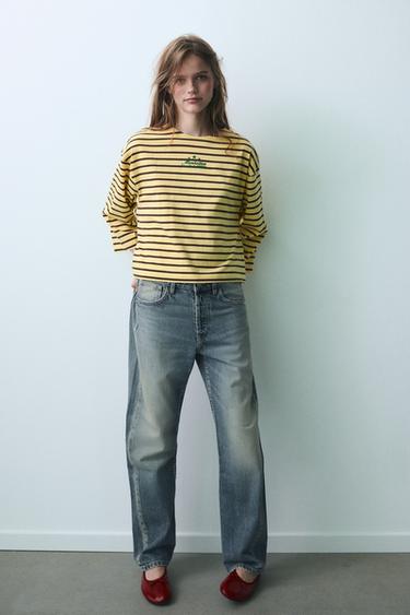 Zara STRIPED TEXT T-SHIRT - Yellow