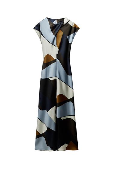 SATIN PRINTED MIDI DRESS - Black / Ecru by Zara - Image 0