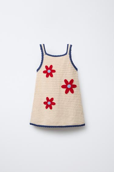 Zara FLORAL KNIT DRESS - Ecru / Red