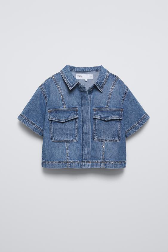 CROPPED DENIM SHIRT WITH PATCHES Blue ZARA Singapore