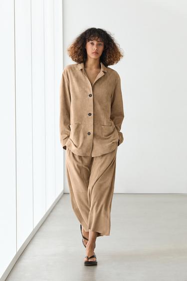 Zara 100% suede leather blazer with pocket details - Sand - Image 0