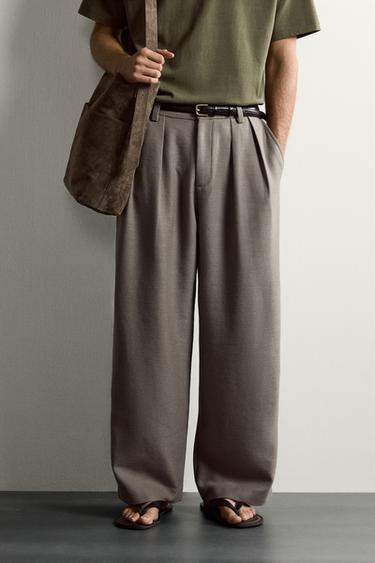 RELAXED FIT TEXTURED PLEATED TROUSERS - Grey green by Zara