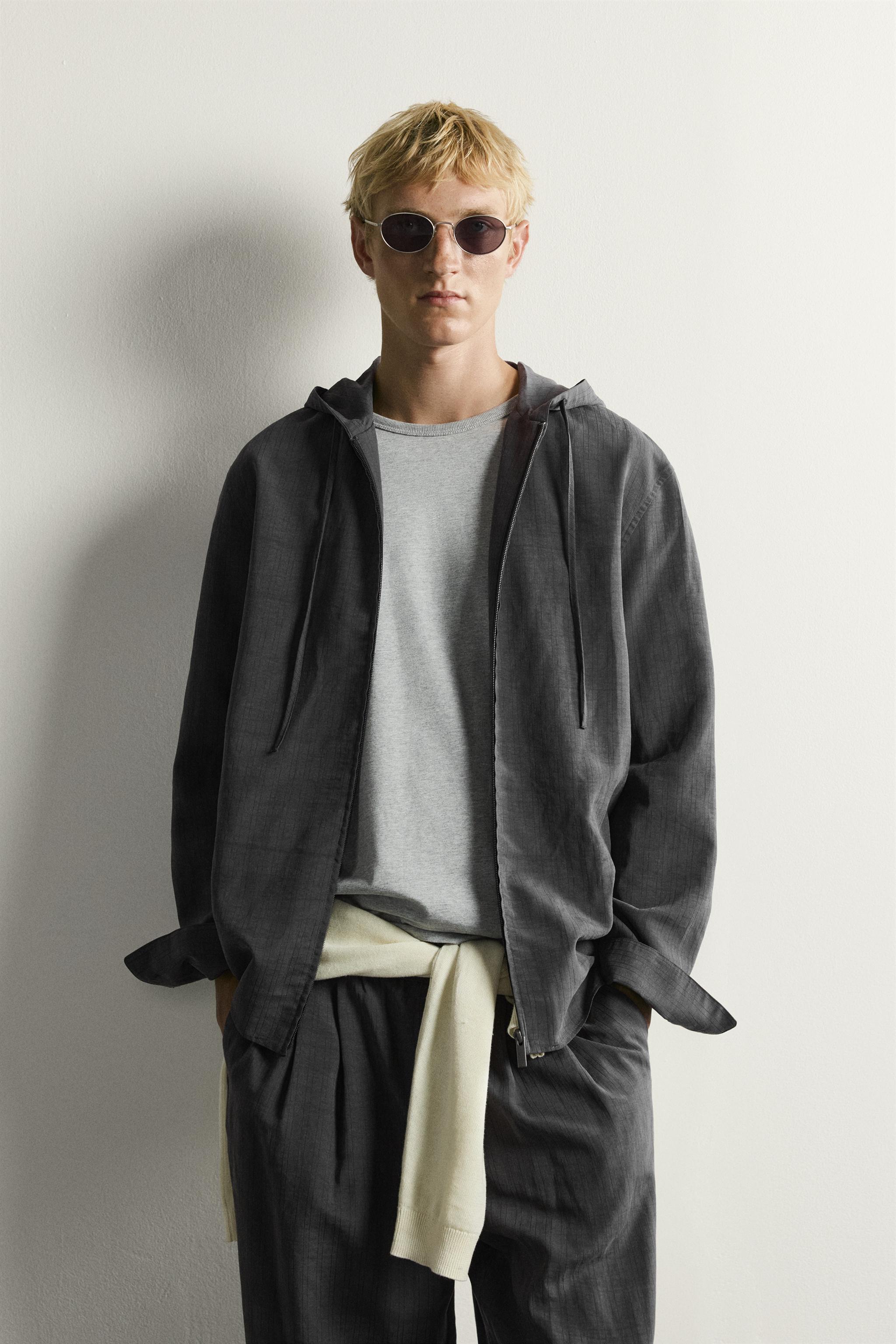 STRIPED FLUID HOODIE OVERSHIRT — Anthracite grey