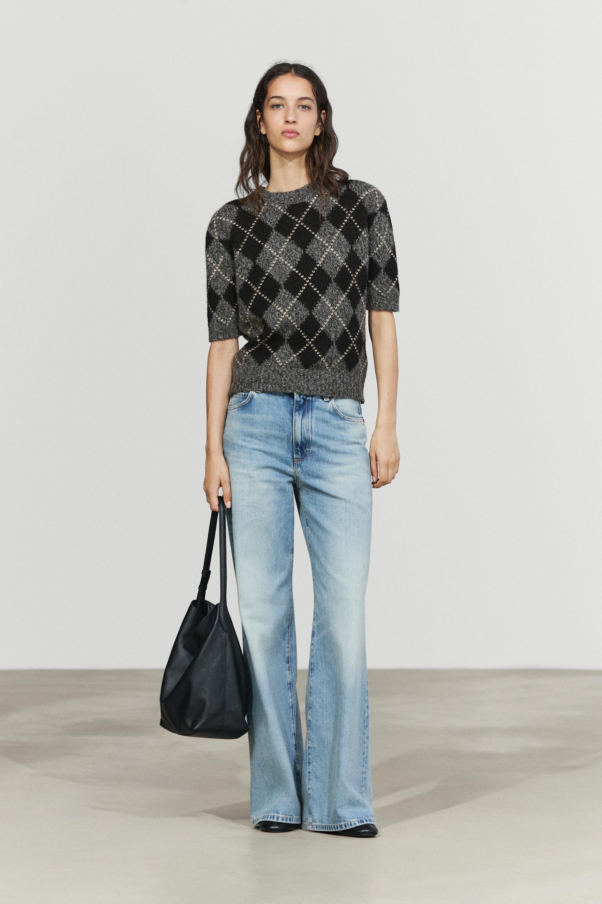 Cashmere-blend short sleeve argyle knit sweater — 210