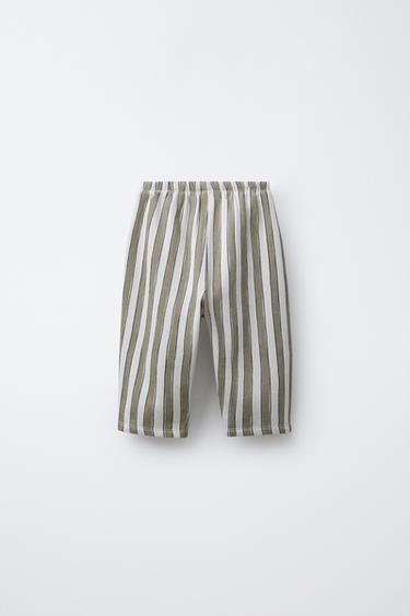 PANTALON BAGGY À RAYURES ET DÉCOR ÉTIQUETTE - Beige de Zara - Image 1