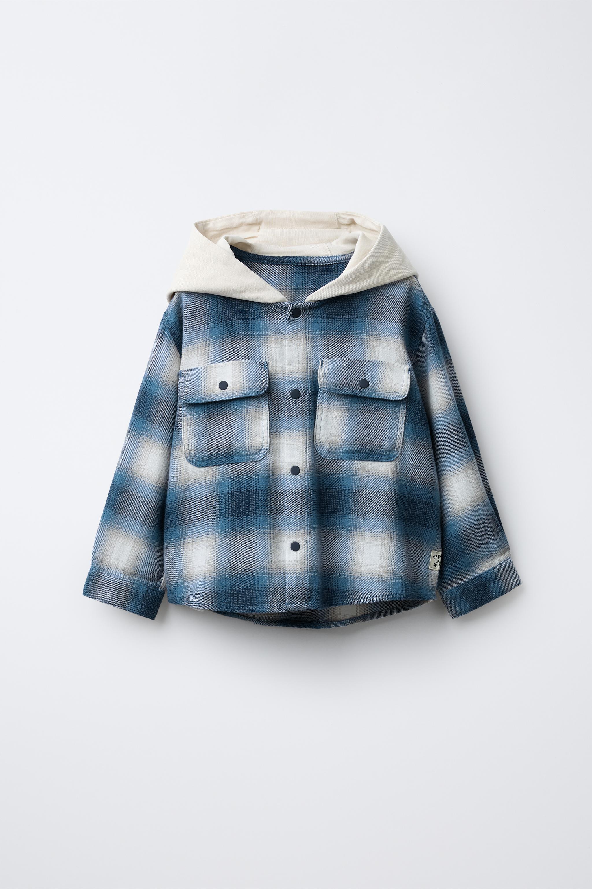 チェック柄フード付きテディシャツジャケット - ブルー | ZARA