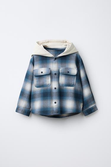 FLEECE HOODED CHECK OVERSHIRT - Blue by Zara