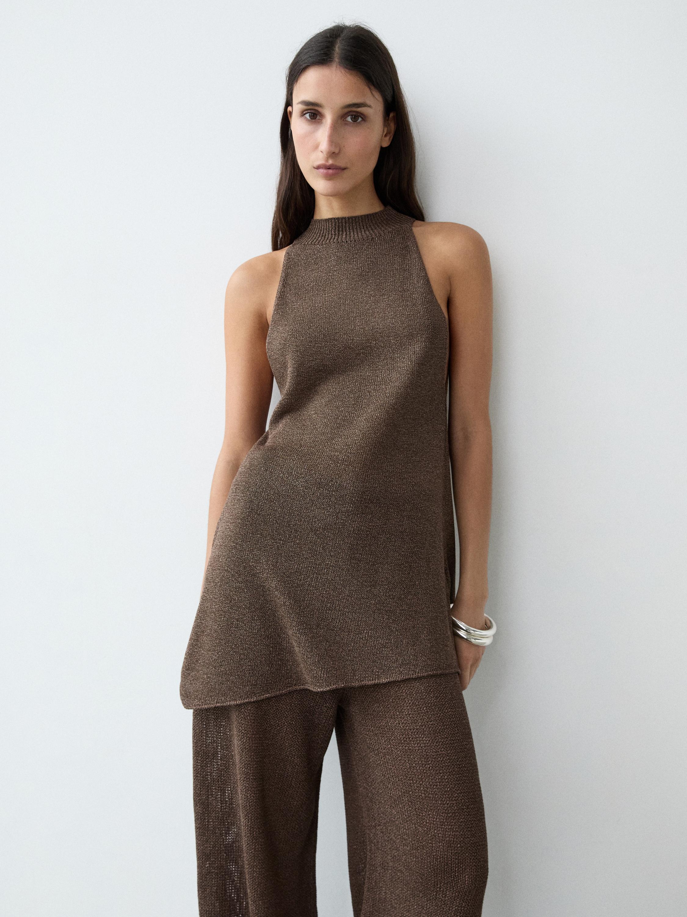 Top en maille asymétrique à encolure américaine total look