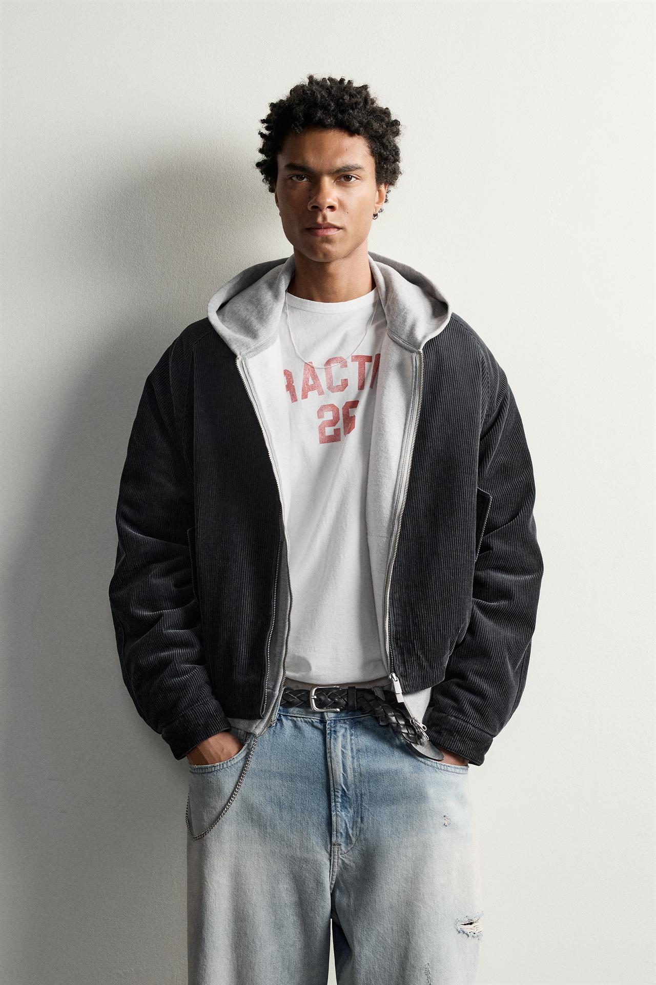 RELAXED FIT PADDED CORDUROY JACKET — Charcoal
