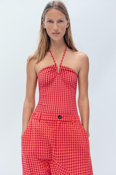 LIMITED EDITION HALTER GINGHAM SWIMSUIT - BURGANDY MARS by Zara - Image 1