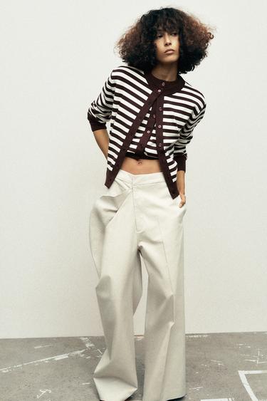 STRIPED KNIT CROPPED CARDIGAN - Brown / Ecru by Zara