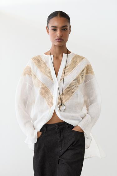 Zara Flowing linen blend shirt with appliqué detail - White