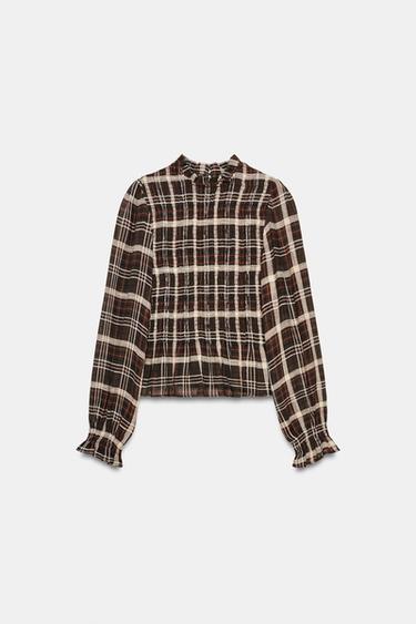 CHECK SMOCKED SHIRT - Brown / Ecru by Zara