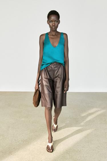 Zara Long nappa leather Bermuda shorts - Brown - Image 0