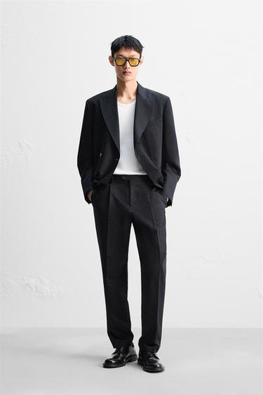 Zara 亞麻棉質人字紋長褲 - 海藍色