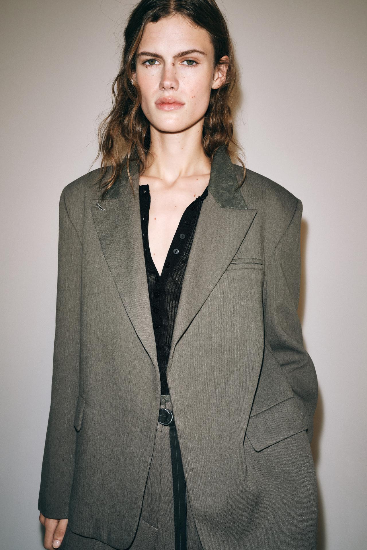 ZW COLLECTION CONTRAST COLLAR BLAZER — Gray / Tan